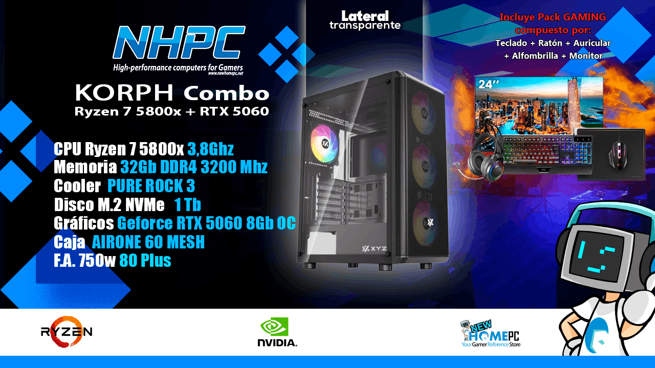 Combo Pc Gaming NHPC KORPH - Ryzen 7 5800X - RTX 5060 - 32Gb - 1TB - Monitor - Periféricos